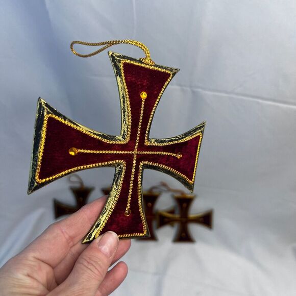 Christmas Ornaments German Cross Set of 5 Red Velvet Gold Trim - Picture 3 of 7